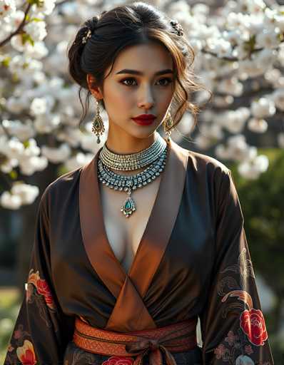 This photograph captures a striking young Asian woman, likely in her early 20s, standing outdoors in front of a tree adorned with white blossoms. She has dark brown hair styled in a half-up, half-down bun, with some strands elegantly framing her face. Her makeup is meticulously applied, featuring bold red lipstick and dark brown eyes that gaze directly at the camera.

She is dressed in a luxurious, dark brown silk kimono with a rich, rust-colored border and intricate floral embroidery in shades of red, orange, and gold. The kimono is cinched at the waist with a matching rust-colored sash. Around her neck, she wears an elaborate multi-layered necklace, predominantly silver with gold accents, and a prominent blue teardrop pendant. Her long, dangling earrings are ornate, featuring gold and blue elements that complement her necklace.

The background is softly blurred, highlighting the tree's blossoms and a hint of green foliage, which adds to the serene and elegant atmosphere of the portrait. The overall composition emphasizes the woman's poised and graceful presence, accentuated by her detailed attire and jewelry.