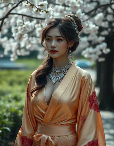 A beautiful woman in a luxurious orange satin robe, adorned with intricate red floral patterns and a matching ornate silver necklace, stands gracefully in a garden bathed in soft sunlight. Her long, dark hair is styled with delicate floral accents and cascading waves, framing a serene expression on her face. The background features a blurred garden with blooming cherry blossom trees and lush greenery, creating a dreamy, ethereal atmosphere. The overall composition emphasizes elegance, beauty, and a touch of fantasy.