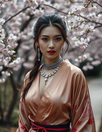 A captivating photograph features a young Asian woman, likely in her late teens or early twenties, standing in front of a tree adorned with delicate white and pink blossoms. She is dressed in a luxurious, silky beige kimono adorned with intricate red and green floral patterns. Her ensemble is complemented by a black and red sash tied around her waist, and a striking silver necklace with a prominent pendant. Her long, dark brown hair is elegantly styled in a ponytail, with a white bow adding a touch of softness. She wears long, dangling earrings that frame her face, and her makeup is meticulously applied, with bold red lipstick and a touch of blush highlighting her features. Her expression is serious, adding a sense of depth and intensity to the image. The background is softly blurred, drawing focus to her poised and graceful figure.