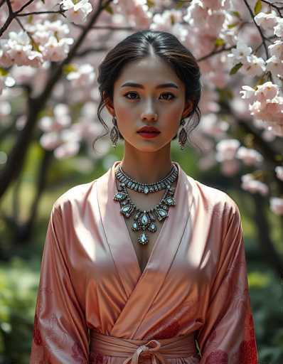 A captivating photograph features a young Asian woman standing in front of a lush, blooming cherry blossom tree. The tree's branches are adorned with delicate white and pink flowers, creating a picturesque backdrop. The woman has dark brown hair, styled in a loose bun with a few strands framing her face. She wears striking red lipstick and is adorned with long, dangling earrings that resemble silver leaves. Her attire is a peach-colored silk robe, intricately patterned with red flowers and tied at the waist with a matching sash. Around her neck, she wears an elaborate silver necklace, embellished with blue gemstones that form a teardrop shape. The sunlight filters through the branches, casting a warm glow on her serene and elegant presence.