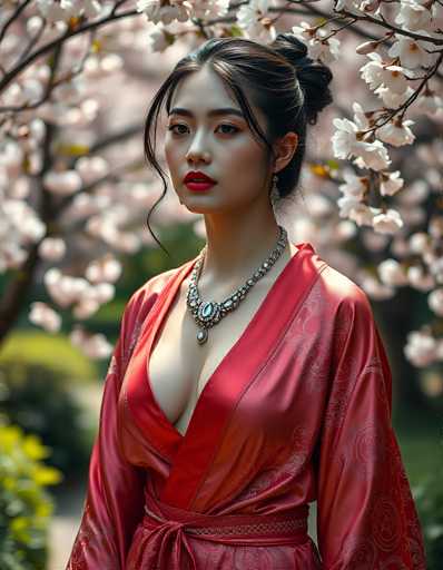 A captivating photograph features a young Asian woman, likely in her early 20s, standing outdoors in front of a tree adorned with delicate white flowers. She is dressed in a striking red silk kimono, intricately patterned with gold designs, and tied at the waist with a matching red sash. Her dark hair is elegantly styled in a bun, with a few loose strands framing her face. She wears a heavy, ornate silver necklace with a prominent blue stone and a dangling pendant, complementing her red lipstick and the subtle pink eye shadow that enhances her natural beauty. The background is softly blurred, drawing focus to her poised and serene expression as she gazes directly at the camera.
