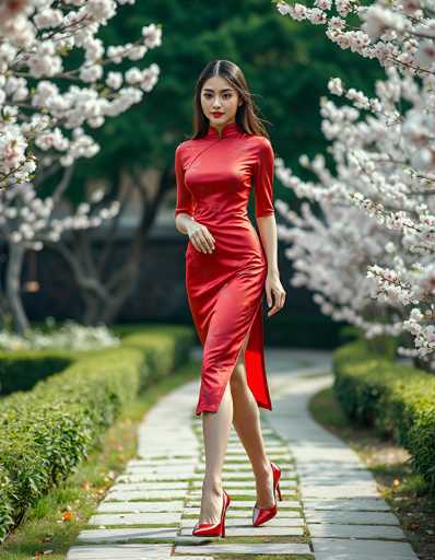 A woman in a vibrant red mandarin collar dress is walking towards the camera on a stone pathway lined with lush greenery and blooming cherry blossom trees. The dress features intricate floral patterns, and the woman's long, dark hair cascades over her shoulders. She wears matching red high heels and a subtle smile, exuding elegance and grace. The background is softly blurred, drawing focus on the woman and her attire.
