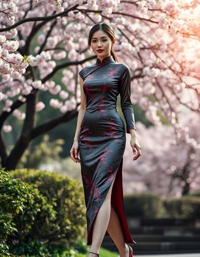 A woman is walking down a path through a park during cherry blossom season. She is wearing a long black dress with red and white floral patterns on the bodice and skirt, paired with high heels. The background features trees and pink flowers in full bloom, creating a picturesque setting for her journey.