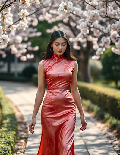 A young Asian woman, likely in her early 20s, is walking down a sunlit sidewalk in a park. She has long, dark brown hair that cascades past her shoulders and is adorned with large gold hoop earrings. Her eyes are closed, and she wears a serene expression, looking down at the ground. She is dressed in a form-fitting, shiny red satin dress with a high collar and short sleeves, decorated with a pattern of red flowers. The dress is long, extending beyond the frame of the image. Surrounding her are lush green bushes and trees, with a particularly striking tree in full bloom with white flowers overhead. The scene is bathed in sunlight, creating a warm and tranquil atmosphere.