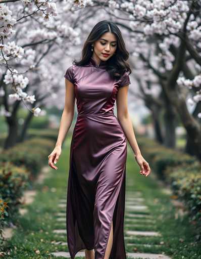 A woman is walking down a path lined with cherry blossom trees and bushes. She is wearing a long purple dress that falls to her knees, and she has her hair styled in loose waves. The background features white flowers on the branches of the trees, creating a serene and picturesque setting for the scene.