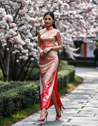 A woman in a beautiful, flowing pink and red Chinese qipao dress stands gracefully on a stone pathway lined with lush greenery and blooming cherry blossom trees. The woman is facing slightly to the left, her hands clasped gently in front of her. Her dark hair is styled neatly, and she wears elegant red high heels. The dress features intricate embroidered patterns of dragons and floral motifs, with a contrasting pink panel on the lower part. The background is softly blurred, emphasizing the woman and her attire against the vibrant blossoms. The overall scene exudes elegance and a touch of traditional Chinese beauty, bathed in soft natural light.