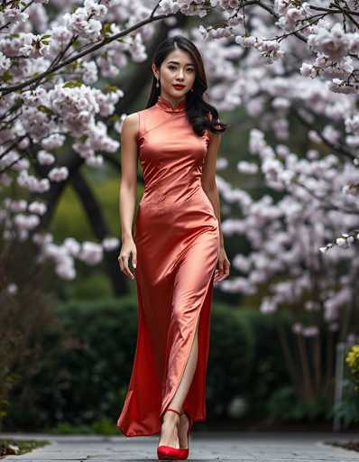 In this captivating photograph, a young Asian woman stands gracefully in front of a stunning cherry blossom tree in full bloom. The tree's delicate white and pink blossoms frame her elegantly, creating a picturesque springtime scene. She is dressed in a striking, sleeveless red satin gown that features a high collar and a daring slit that extends up to her thigh, revealing her leg. The gown is form-fitting, accentuating her figure, and she complements it with vibrant red high heels. Her long, dark brown hair cascades over her left shoulder, and she wears delicate earrings that add a touch of sparkle to her ensemble. Her makeup is meticulously applied, with bold red lipstick that matches her gown and heels, and her eyes are accentuated with black eyeliner. She stands with one leg slightly bent, exuding confidence and poise. The background is softly blurred, drawing attention to her and the cherry blossoms, while hints of green shrubs and a gray sidewalk add depth to the scene. The overall composition captures the essence of spring beauty and elegance.