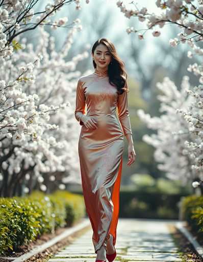 A captivating photograph features a young Asian woman standing gracefully on a stone pathway, surrounded by lush greenery and blooming trees. She is adorned in a stunning, silky dress that shimmers in shades of gold and orange, embellished with intricate floral patterns. The dress, which has a high collar and long sleeves, accentuates her elegant figure. Her long, dark hair cascades over her right shoulder, complementing her delicate features and the subtle red lipstick she wears. She stands with one leg slightly bent, exuding poise and confidence. The background is softly blurred, highlighting the serene and picturesque setting, with the trees' white blossoms adding a touch of ethereal beauty to the scene.