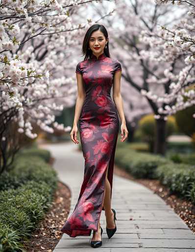 A woman in a dark burgundy floral dress is walking towards the camera on a path lined with cherry blossom trees. The woman is wearing a high-necked dress with a slit on the side, and she has long black hair. She is wearing black heels and her hands are gently holding the fabric of the dress. The background is blurred, but we can see that she is walking in a garden or park with lush greenery. The overall mood of the image is serene and elegant.