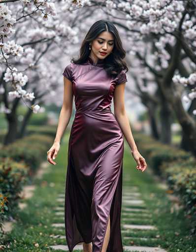 A young Asian woman with long, wavy black hair and dark eyes is walking down a stone pathway in a park, surrounded by lush greenery and flowering trees. She is wearing a shiny, dark purple dress with a high collar and short sleeves that reach her elbows. The dress features a slit on the left side, revealing her leg. Her makeup is striking, with red lipstick and dark eyeshadow, and she wears small earrings. She appears to be in her early 20s and is looking down at the ground as she walks. The background is slightly blurred, emphasizing the serene and picturesque setting.