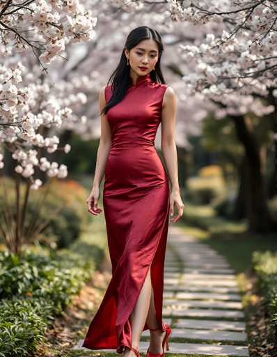 A woman in a vibrant red, high-necked, floor-length cheongsam dress is walking towards the viewer in a garden filled with blooming cherry blossom trees. The dress has a subtle, swirling pattern and a high slit on one side. She is wearing delicate gold earrings and red heels. Her long, black hair is styled in a sleek updo, and she has a serene expression on her face. The background is softly blurred, drawing focus to the woman and her elegant attire.