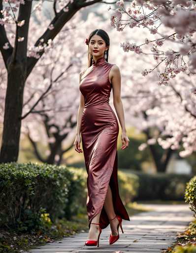 A woman is walking down a path lined with cherry blossom trees and bushes, wearing a long red dress that flows behind her as she strides forward.