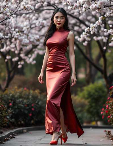 A woman is walking down a path lined with cherry blossom trees and red flowers. She is wearing a long, flowing red dress that reaches her knees, paired with high heels. The background features white flowers against a gray sky.
