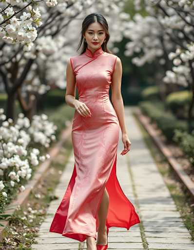 A young Asian woman, likely in her early 20s, is captured walking down a stone pathway in a park. She is wearing a long, flowing pink dress adorned with a floral pattern and a high collar. The dress features a slit on the left side, revealing her red high heels. Her dark brown hair is styled in a ponytail, and she wears red lipstick, complementing her elegant appearance. The background is slightly blurred, showcasing trees with white flowers and green grass, adding a serene and picturesque ambiance to the scene.