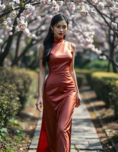 A woman is walking down a path lined with cherry blossom trees and bushes. She is wearing an orange dress that contrasts with the pink flowers surrounding her. The background features a clear blue sky and lush green foliage.