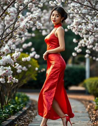 A woman is standing on a sidewalk next to a tree with white flowers and red leaves. She is wearing a long red dress that reaches down to her knees, and high heels. The background features a garden filled with trees and bushes in various shades of green.