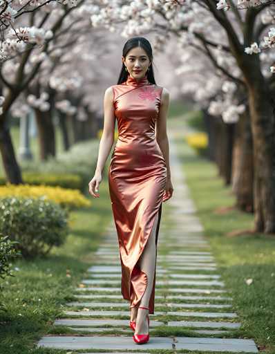 A young Asian woman, likely in her early 20s, is captured walking down a stone pathway in a park. She is elegantly dressed in a shiny, metallic copper dress adorned with red snowflake patterns. The dress features a high collar, a diagonal slit on the right side, and a long slit that reveals her left leg. She complements her outfit with red high-heeled shoes and gold earrings. Her long black hair is parted in the middle, and she wears red lipstick. The background is slightly blurred, showcasing a row of trees with white blossoms on either side of the path, along with green grass and yellow flowers. The scene is bathed in sunlight, adding a serene and picturesque quality to the image.