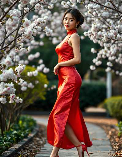 A woman in a vibrant red satin dress stands gracefully amidst blooming cherry blossom trees, her pose emphasizing elegance and poise. The dress features a high neckline and a flowing skirt with a slit, highlighting her figure. Her dark hair is styled in an elegant updo, and she wears subtle makeup with a bold red lip. The background is softly blurred, drawing focus to the woman and her attire while showcasing the delicate blossoms in a soft, out-of-focus bokeh effect. The overall lighting is soft and natural, enhancing the romantic atmosphere of the scene.