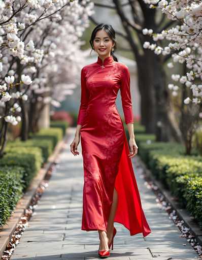 A young Asian woman, likely in her 20s, is captured walking down a stone pathway in a park. She is wearing a long, flowing red satin dress adorned with a floral pattern, which features a high collar and three-quarter sleeves. Her black hair is pulled back into a ponytail, and she wears red lipstick that complements her dress. She is smiling warmly at the camera. The pathway is lined with neatly trimmed hedges and trees with white blossoms, creating a picturesque setting. The woman appears to be in motion, with her right leg slightly lifted and her arms relaxed at her sides. The scene is serene and beautifully lit, highlighting the vibrant colors of her attire and the surrounding nature.
