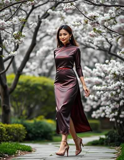 A woman is walking down a path lined with cherry blossom trees and white flowers. She is wearing a long, dark red dress that falls just below her knees, paired with high heels. The background features the same cherry blossoms in full bloom, creating a serene and picturesque setting for the scene.