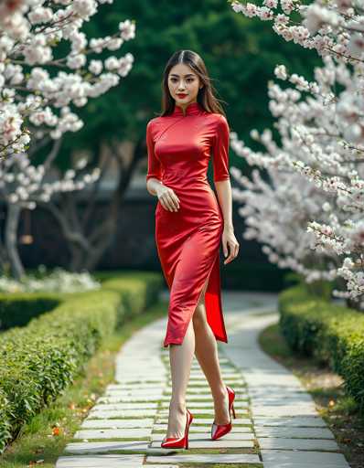 A woman is walking down a path lined with cherry blossom trees and bushes, wearing a red dress that matches the pink flowers around her.