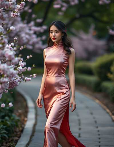 A captivating photograph features a young Asian woman, likely in her early 20s, with long, dark brown hair cascading over her shoulders. She is adorned in a stunning, silky dress that shimmers in a rose gold hue, embellished with delicate floral patterns. The dress, which has a high collar and is sleeveless, elegantly drapes to the floor, with a flowing tail that extends behind her. Her striking red lipstick and the subtle red hair clip add a touch of boldness to her appearance. She stands on a concrete pathway, surrounded by lush greenery and vibrant pink flowers, possibly cherry blossoms, creating a picturesque and serene backdrop. The woman gazes thoughtfully to the left, her expression serene and contemplative, as she walks along the path.