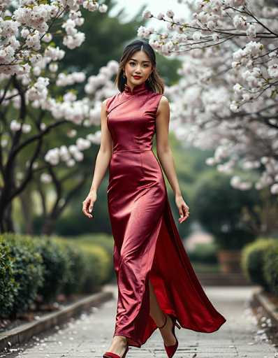 A captivating photograph features a young Asian woman, likely in her early 20s, standing gracefully on a stone pathway. She is adorned in a stunning, sleeveless red dress that shimmers with a metallic finish, accentuated by a sash around her waist. The dress elegantly drapes over her right leg, revealing a hint of her red high-heeled shoe. Her left leg is positioned behind her, adding a dynamic element to her poised stance. She has long, dark hair cascading over her shoulders, complemented by striking red lipstick and subtle eye makeup. Her arms rest naturally at her sides, with her fingers gently curled. The background is a serene blur of lush green trees and bushes, with delicate white flowers on branches framing her on either side. The overall composition highlights her beauty and the tranquil, natural setting.
