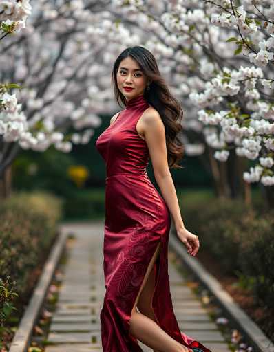 In this captivating photograph, a young Asian woman stands gracefully on a wooden pathway, framed by a stunning natural backdrop. She is adorned in a striking red satin dress that features a high collar and a daring slit up the side, revealing her leg. The dress is sleeveless, showcasing her elegant shoulders and arms. Her long, wavy black hair cascades down her back, complementing her vibrant red lipstick and the subtle earrings that catch the light. She gazes directly at the camera with a serene expression, her right arm extended behind her, adding a sense of movement to the scene. The pathway she stands on is bordered by lush greenery and vibrant flowers, with a row of trees in full bloom arching over her head, creating a picturesque canopy. The background is softly blurred, drawing attention to her poised figure and the serene beauty of her surroundings.