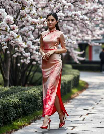 A woman is walking down a path lined with cherry blossom trees and bushes. She is wearing a pink dress with red accents that features a floral pattern on the bodice and skirt. The woman has her hair styled in an elegant updo and she is carrying a purse.