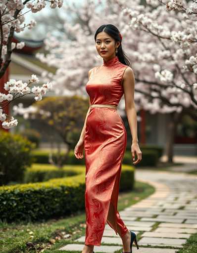 A young Asian woman, likely in her 20s, is captured walking down a stone pathway in a beautifully landscaped garden. She is wearing a sleeveless, shiny red satin dress adorned with a dragon design and a gold belt at the waist. Her black hair is pulled back into a ponytail, and she accessorizes with large hoop earrings and red lipstick. The pathway is bordered by well-manicured green hedges and a tree with white flowers, possibly cherry blossoms. In the background, there is a building with a distinctive red and black curved roof, reminiscent of traditional Asian architecture. The scene is serene and picturesque, with the woman looking directly at the camera as she walks.