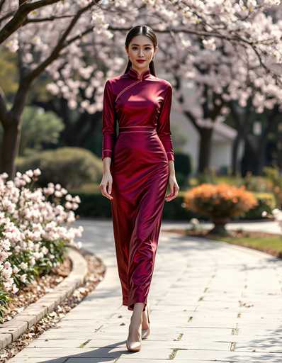 A woman is walking down a path lined with pink flowers and trees, wearing a long red dress that reaches her knees.
