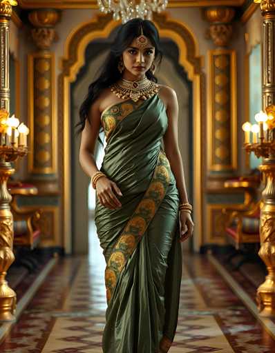 A stunning photograph captures a young woman of Indian descent, elegantly dressed in a traditional sari. The sari is a rich olive green color, adorned with a striking gold band that runs diagonally from her chest to her knee. The band features intricate designs of gold circles and green leaves, adding a touch of opulence to her attire. She accessorizes with multiple gold bracelets on both wrists, and a matching gold necklace that complements her sari. Her long, dark hair cascades down her back, and she wears a gold headpiece with a central red jewel, enhancing her regal appearance. The woman stands confidently in a luxurious golden hallway, flanked by ornate gold columns and candelabras. The floor beneath her is a mosaic of red, white, and gold tiles, adding to the grandeur of the setting. She gazes directly at the camera with a serene expression, embodying grace and cultural richness.