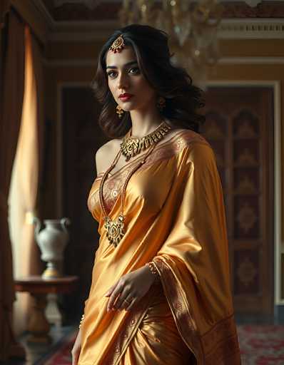 The image features a young woman, likely of Indian descent, standing in a room with a blurred background. She is adorned in a luxurious golden dress with intricate red embroidery along the edges, which drapes elegantly over her right shoulder and covers her left arm. Her long, dark brown hair cascades down her back, complementing her striking red lipstick and dark eyes. She wears a large, ornate gold necklace with a prominent pendant, and a matching gold headpiece with a central jewel and dangling red jewels. Her left hand, which bears a ring on her ring finger, is visible, and she appears to be wearing a bracelet on her right wrist. The background, though out of focus, reveals a chandelier, a table with a vase, a window with a curtain, and a red carpet with a floral pattern. The overall scene exudes an air of elegance and traditional beauty.