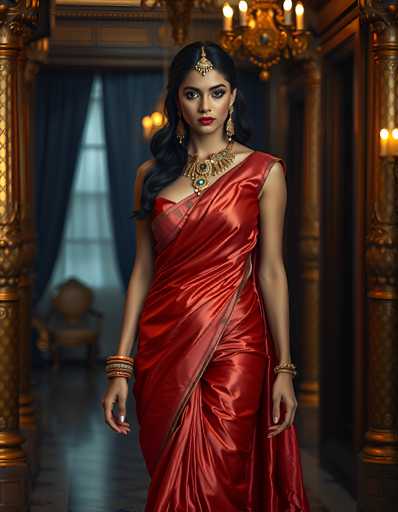 A stunning photograph captures a young woman of Indian descent standing gracefully in a luxurious hallway. She is adorned in a vibrant red sari, elegantly draped over her right shoulder and extending down to her feet. Her long, wavy black hair cascades down her back, complementing her striking red lipstick and the intricate gold jewelry adorning her head, neck, and ears. Her arms are bare, showcasing multiple bangles on her right wrist and a single bracelet on her left. The hallway itself exudes opulence, with gold columns flanking either side and a chandelier hanging from the ceiling. A large window with dark blue curtains allows light to filter through, illuminating a chair positioned in front of it. The floor is a rich brown, adding to the overall warmth and elegance of the scene.