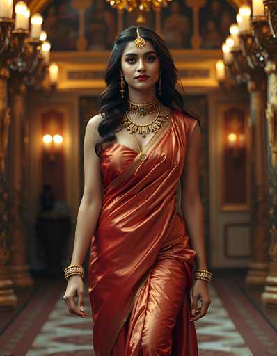 The image depicts a young woman, possibly of Indian or Middle Eastern descent, standing in a grand, ornate hallway that resembles a castle or mansion. She is dressed in a striking red satin sari with a gold stripe, which drapes elegantly over her left shoulder and wraps around her right side. Her long, wavy black hair cascades down to her chest, and she wears a gold medallion on her forehead, along with a red bindi between her eyebrows. She has red lipstick and is adorned with long, dangling gold earrings, a thick choker necklace with a turquoise gem, and another ornate necklace featuring a large gold pendant. Her wrists are decorated with multiple gold bangles. The hallway behind her is lined with tall, ornate columns and illuminated by numerous candle-like lights, creating a warm, golden glow. The floor features a red carpet with a white diamond pattern, adding to the luxurious ambiance of the scene.