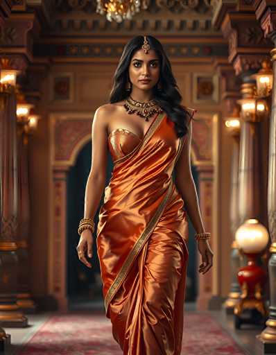 The image depicts a young woman, possibly of Indian or Middle Eastern descent, standing in a grand, ornate hallway. She has long, wavy black hair cascading over her left shoulder and is adorned with a gold headpiece that extends from her forehead down to her hairline. Her attire is a striking orange dress with a gold trim, featuring a one-shoulder design that leaves her right shoulder bare. The dress is form-fitting and accentuates her figure, with a gold bra-like top. She accessorizes with a large, ornate necklace that has a gold and red design, and multiple gold bracelets on both wrists. A ring adorns her right hand. The hallway around her is opulent, with tall, ornate columns on either side, a red carpet underfoot, and intricate gold and red designs on the walls. The background is slightly blurred, emphasizing her presence in the foreground.