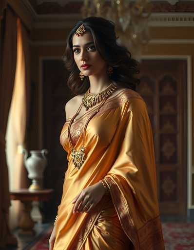 A woman is standing in front of a window with gold curtains and a white tablecloth on the floor behind her. She is wearing an orange saree with gold accents and a gold necklace and earrings.