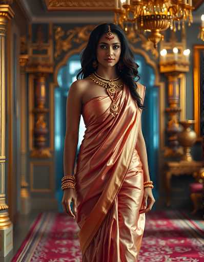 A stunning photograph captures a woman standing gracefully in an opulent room. She is adorned in a luxurious, silky dress that shimmers in a rich orange hue. The dress features a unique design with one strap elegantly draped over her shoulder, while the other side remains strapless. Complementing her attire, she wears a thick, ornate necklace that adds a touch of regal elegance to her ensemble. Her long, wavy black hair cascades down her back, framing her face beautifully. Adorning her forehead is a delicate piece of jewelry, adding to her ethereal appearance. Her hands are adorned with multiple bracelets, and she wears a ring on her right hand, completing her sophisticated look. The room around her is equally grand, with gold columns and a chandelier hanging from the ceiling, casting a warm glow. The walls are painted a deep blue, and the floor is covered with a plush red carpet, enhancing the room's luxurious ambiance.