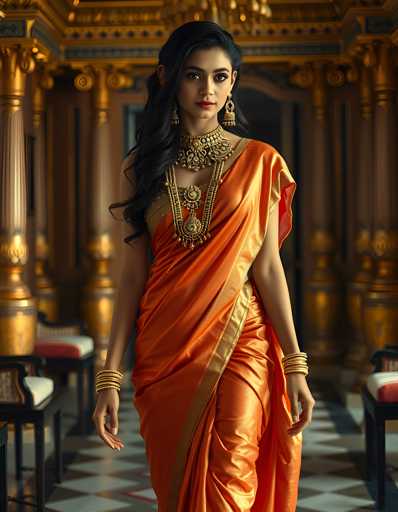 A woman is standing in front of a grand room with gold columns and walls. She is wearing an orange saree that flows down to her feet, and she has gold jewelry on her neck and wrists. The room appears to be a palace or a similar high-end establishment, as indicated by the ornate decorations and the luxurious furnishings.
