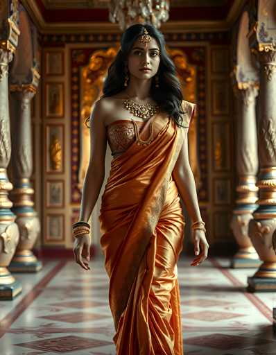 A stunning young woman, possibly of Indian or Middle Eastern descent, stands gracefully in a luxurious, ornate room. She is adorned in a vibrant orange sari with intricate gold embroidery, which elegantly drapes over her right shoulder and wraps around her body. Her long, wavy black hair cascades down to her chest, complementing her fair skin and expressive brown eyes. She wears a large, ornate gold necklace that rests just above her chest, and a matching gold bracelet on her right wrist. A delicate piece of jewelry adorns her forehead, adding to her regal appearance. Her nails are painted a striking red, and she gazes directly at the camera with a serene expression. The room around her is opulent, featuring gold and red walls, ornate columns, and a floor with a red and white diamond pattern. A chandelier hangs from the ceiling, casting a soft light that enhances the room's grandeur. The overall scene exudes elegance and cultural richness.