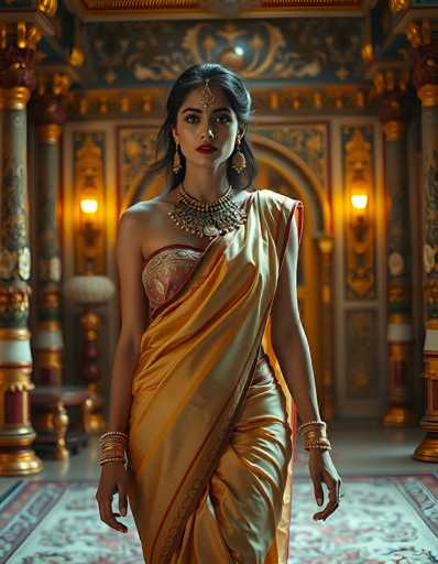 The image depicts a young woman, possibly of Indian or Middle Eastern descent, standing in an ornate room that resembles a palace. She is adorned in a traditional, colorful outfit that includes a yellow sari with red and green stripes, and a red top with intricate gold designs. Her attire is complemented by numerous pieces of jewelry: a large, ornate necklace, multiple bracelets on both wrists, and a gold medallion hanging from her forehead. She has long, dark hair and is wearing red lipstick. The room around her is richly decorated with gold and blue hues, featuring intricate designs on the walls, columns, and a large, ornate rug. The background is slightly blurred, emphasizing the woman's detailed appearance and the luxurious setting.