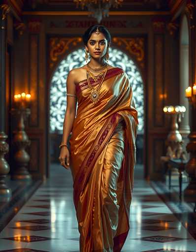 A woman dressed in a stunning golden sari adorned with intricate red patterns is captured walking down a luxurious hallway. The sari elegantly drapes over her right shoulder, leaving her left shoulder bare. She accessorizes with a delicate bracelet on her right wrist and a ring on her left hand. Her long, dark hair is styled in a sleek ponytail, complemented by a traditional forehead ornament and dangling earrings. Around her neck, she wears a set of three ornate necklaces, adding to her regal appearance. The hallway features a marble floor with a striking black and white diamond pattern, and the walls are lined with tall, ornate candle holders emitting a warm glow. In the background, a large, arched window with a white floral design adds a touch of elegance to the scene.