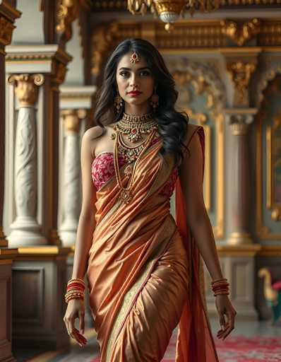 A stunning young woman, possibly of Indian or Middle Eastern descent, stands gracefully in an opulent room. She is adorned in a vibrant red and gold dress, complemented by an elaborate gold necklace featuring a prominent red jewel. Her long, dark hair cascades down her shoulders, framing her face elegantly. A red jewel is delicately placed on her forehead, adding to her regal appearance. She accessorizes with numerous gold bracelets on both wrists and wears striking red lipstick. The room around her is adorned with white and gold columns, and the floor is covered with a luxurious red carpet. The background is slightly blurred, drawing attention to her exquisite attire and serene expression as she gazes directly at the camera.