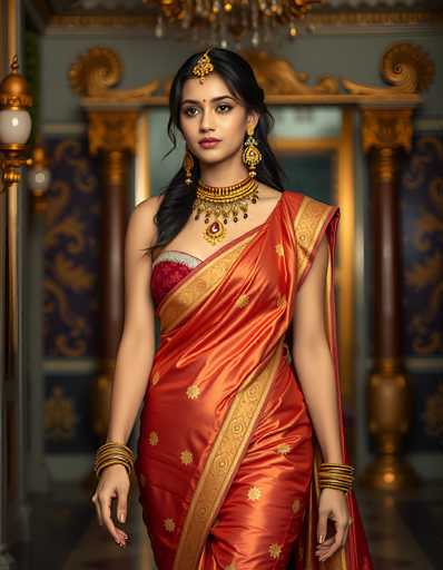 The image depicts a young woman, possibly of Indian or Middle Eastern descent, standing in an ornate room. She is adorned in a vibrant red sari with intricate gold patterns, including suns and floral designs. The sari is draped elegantly over her left shoulder, leaving her right shoulder bare. Her long, dark hair cascades down her back, and she wears a striking gold headpiece with a jewel that rests on her forehead, complemented by a red bindi. She is also adorned with elaborate gold jewelry, including large, dangling earrings with red jewels, a choker necklace with hanging jewels, and multiple gold bangles on both wrists. Her makeup is meticulously applied, featuring red lipstick. The background reveals a luxurious setting with blue walls, gold trim, and two tall, ornate columns. A chandelier hangs above her, and a large mirror with a gold frame is visible behind her, adding to the opulent atmosphere.