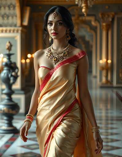 The image depicts a young woman, possibly of Indian or Middle Eastern descent, standing in a luxurious, ornate room that resembles a palace. She is adorned in a stunning gold dress with intricate red trim, which features a single shoulder strap and a red sash draped over her arm. Her attire is complemented by an elaborate array of jewelry, including a large, ornate necklace with red and gold jewels, long dangling earrings, and a headpiece with a prominent jewel hanging between her eyebrows. She also wears multiple gold bangles on both wrists. The room around her is opulent, with a marble floor featuring a diamond pattern in red, gold, and blue, and walls adorned with gold trim and intricate designs. The background is slightly blurred, highlighting the woman's detailed appearance and the grandeur of her surroundings.