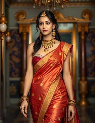 A woman is standing in front of a grand room with gold accents and a chandelier hanging from the ceiling. She is wearing an orange saree with gold embroidery and gold jewelry that includes earrings and bracelets. The background features a blue wall adorned with gold decorations, including a large archway on the right side of the image.
