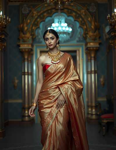 The image depicts a young woman, possibly of Indian or Middle Eastern descent, standing in a grand, ornate room. She is adorned in a luxurious, shiny gold dress with a red undergarment visible on her right side. The dress is draped elegantly over her left shoulder, leaving her right shoulder bare. She accessorizes with a large, ornate gold necklace featuring a prominent pendant, a gold bracelet on her right wrist, and a gold headpiece with a jewel on her forehead. Her dark hair is styled in a ponytail, and she wears red lipstick. The background reveals a room with blue walls and gold trim, a chandelier hanging from the ceiling, and a red chair positioned to her right. The overall setting exudes opulence and grandeur.