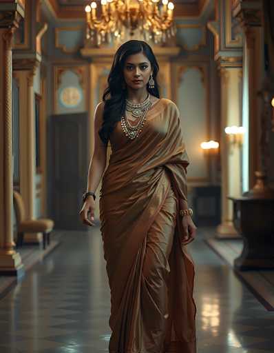 The image depicts a young woman of Indian descent, elegantly dressed in a golden-brown sari with a red stripe down the middle. She has long, wavy black hair cascading over her right shoulder and is adorned with a red bindi on her forehead. Her attire is complemented by multiple pieces of jewelry, including a large, ornate necklace with a blue jewel, several smaller necklaces, a gold bracelet on her left wrist, and a black watch on her right wrist. She is walking down a long, ornate hallway with a shiny, diamond-patterned floor in black and white. The hallway features gold columns on either side, a large chandelier hanging from the ceiling, and a gold chair positioned to the left. The walls are painted a light blue with gold trim, and there is a large brown door at the end of the hallway. The overall ambiance suggests a grand, possibly royal setting.