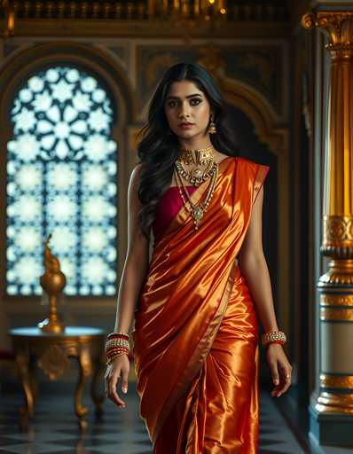 A woman is standing in front of a window with gold trim and a chandelier. She is wearing an orange saree that flows down to her feet, and she has gold jewelry on. The background features a wall adorned with intricate designs and columns.