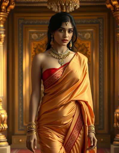 A woman is standing in front of a golden doorway with intricate carvings and gold accents. She is wearing an orange saree with red accents and gold jewelry, including earrings and a necklace. The background features a wall adorned with gold decorations that complement the overall opulence of the scene.